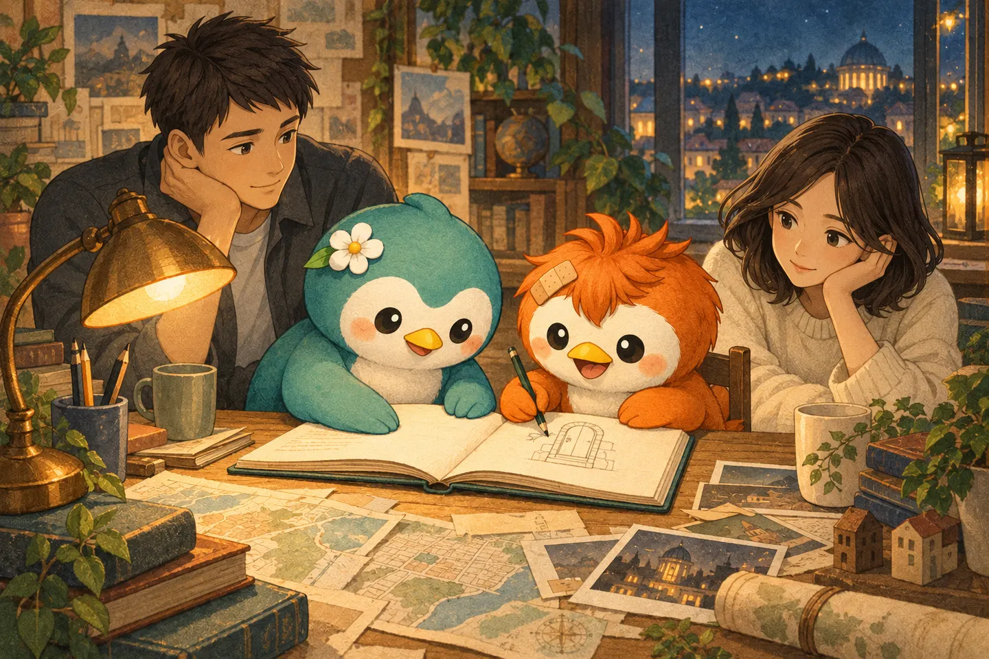 Nene and Roro hold an open notebook and draw a tiny doorway, with Kai and Mira in the storybook scene.